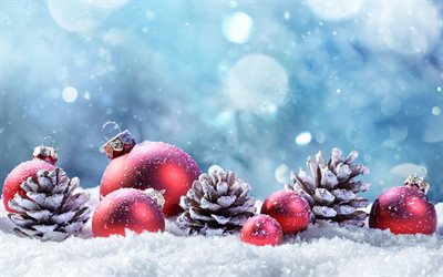 السنة الجديدة, الشتاء, 2018, الثلوج, الأحمر كرات عيد الميلاد, المخاريط