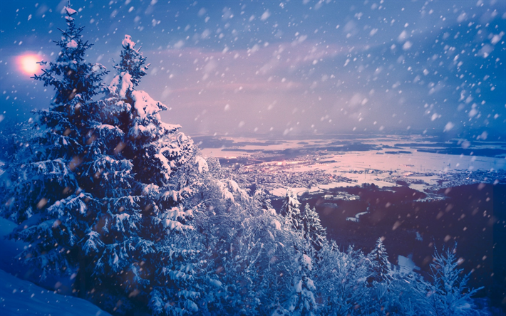inverno, nevicata, paesaggio di montagna, foresta, valle, sera