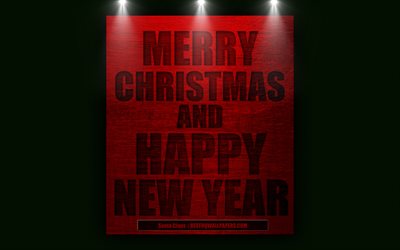 Merry Christmas, Happy New Year, quotes, Santa Claus, 4k, metal texture