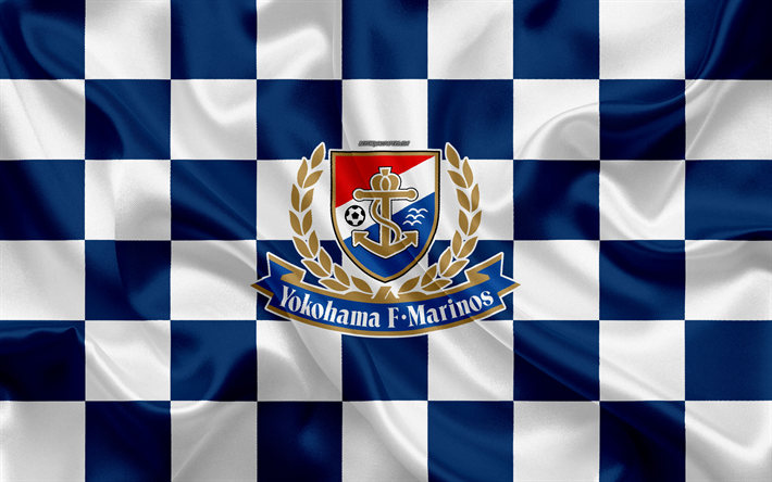 Yokohama F Marinos, 4k, logo, creative art, valkoinen sininen ruudullinen lippu, Japanilainen football club, J1 League, J-League Division 1, tunnus, silkki tekstuuri, Yokohama, Japani, jalkapallo