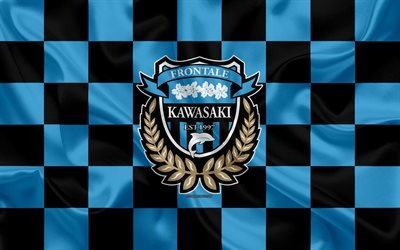 Kawasaki Frontale, 4k, logo, creative art, black and blue checkered flag, Japanese football club, J1 League, J League Division 1, emblem, silk texture, Kanagawa, Japan, football