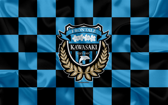Kawasaki Frontale, 4k, logo, yaratıcı sanat, siyah ve mavi damalı bayrak, Japon Futbol Kul&#252;b&#252;, 1 J1 Lig, J League Division, amblem, ipek doku, Kanagawa, Japonya, futbol