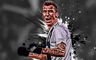 Mario Mandzukic, el croata, el jugador de f&#250;tbol, delantero de la Juventus, FC, retrato, blanco y negro de salpicaduras de pintura, grunge arte, de metas, de la Serie a, Italia, el f&#250;tbol, Mandzukic
