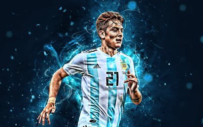 Paulo Dybala, in avanti, la Squadra Nazionale Argentina, fan art, Dybala, stelle del calcio, calcio, calciatori, luci al neon, squadra di calcio Argentino