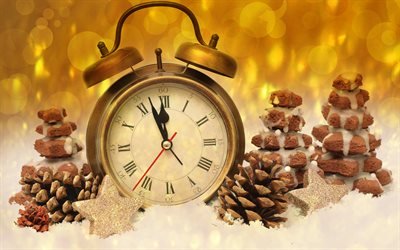 La medianoche de A&#241;o Nuevo, invierno, Feliz Nuevo A&#241;o 2019, reloj de oro, conos de pinos, nieve, fondo de oro