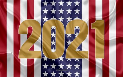 Feliz Ano Novo 2021 EUA, 2021 conceitos, bandeira americana, 4k, EUA, 2021 Ano Novo, cart&#227;o de sauda&#231;&#227;o 2021