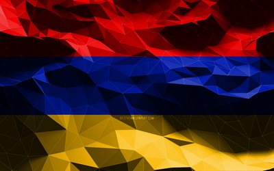 4k, Armenian lippu, low-poly art, Aasian maissa, kansalliset symbolit, Lipun Indonesia, 3D-liput, Armenia, Aasiassa, Armenian 3D flag