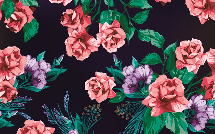 retro rosor konsistens, bakgrund med rosor, 4k, rosor p&#229; en svart bakgrund, Vintage rosor konsistens, retro rosor bakgrund, blommor konsistens