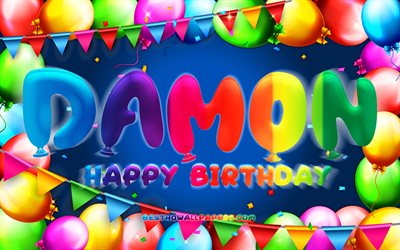 Buon compleanno Damon, 4k, cornice di palloncini colorati, nome Damon, sfondo blu, buon compleanno Damon, compleanno di Damon, nomi maschili americani popolari, concetto di compleanno, Damon
