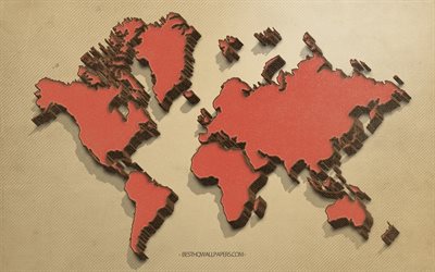carte du monde r&#233;tro, fond de papier brun, carte du monde, continents, carte de la terre, concepts de carte du monde