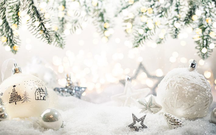 Christmas decorations, Happy New Year, White christmas balls, 2021, snow, Merry Christmas
