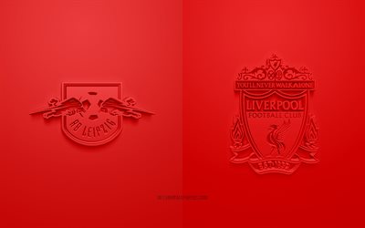 RB Leipzig vs Liverpool FC, Ligue des Champions, huiti&#232;me de finale, logos 3D, fond rouge, match de football, RB Leipzig, Liverpool FC