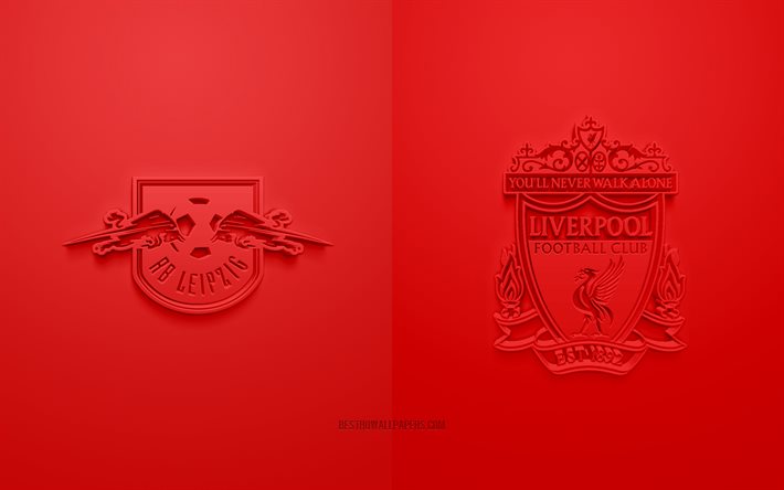 RB Leipzig vs Liverpool FC, UEFA Champions League, Oitavas-de-final, logotipos 3D, fundo vermelho, Liga dos Campe&#245;es, partida de futebol, RB Leipzig, Liverpool FC
