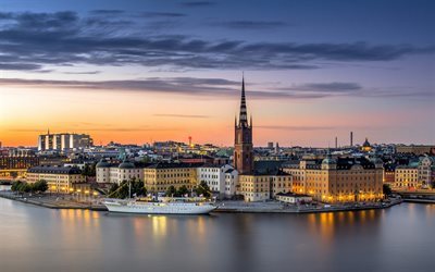 Stockholm, coucher de soleil, la Vieille Ville, les paysages urbains, Su&#232;de