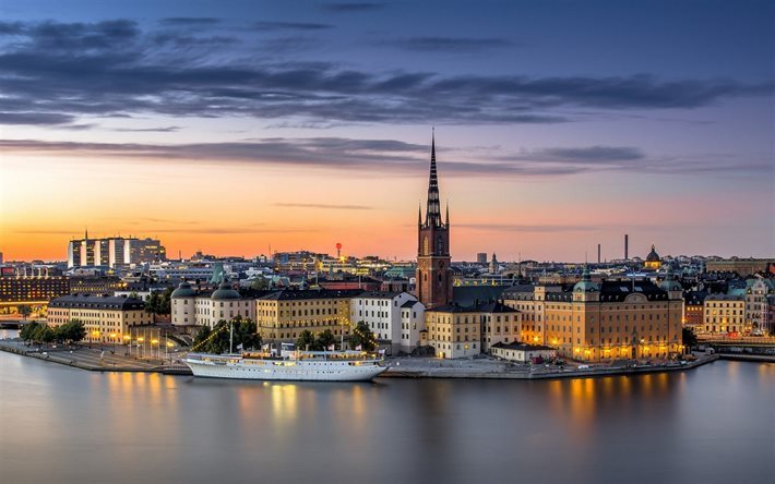 Estocolmo, p&#244;r do sol, Cidade Velha, paisagens de cidade, Su&#233;cia