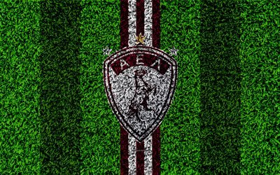 AEL Larissa FC, logotipo, 4k, f&#250;tbol de c&#233;sped, griego, club de f&#250;tbol, borgo&#241;a l&#237;neas blancas, hierba textura, Atlantiki-Enosi-Larissa, Grecia, Superleague Grecia, f&#250;tbol