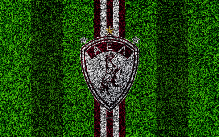 AEL Larissa FC, logo, 4k, football lawn, Greek football club, burgundy white lines, grass texture, Atlantiki-Enosi-Larissa, Greece, Superleague Greece, football