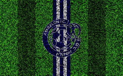 Hapoel Ashkelon FC, 4k, emblem, football lawn, logo, Israeli football club, white blue lines, grass texture, Ashkelon, Israel, football, Israeli Premier League