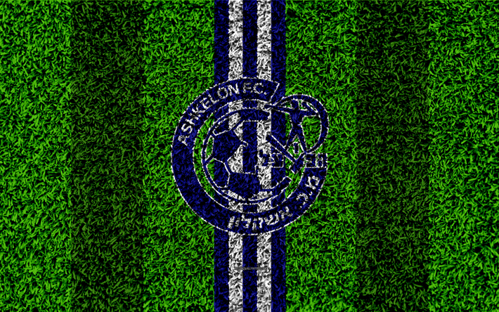 Hapoel Ashkelon FC, 4k, emblema de f&#250;tbol de c&#233;sped, logotipo, Israel&#237; club de f&#250;tbol, blanco azul l&#237;neas, el c&#233;sped de textura, Ashkelon, Israel, de f&#250;tbol, de la Liga Premier Israel&#237;