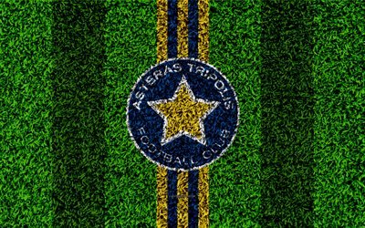 Asteras Tripolis FC, logo, 4k, jalkapallo nurmikko, Kreikan football club, sininen keltainen linjat, ruohon rakenne, Tripolis, Kreikka, Kreikan Superleague, jalkapallo