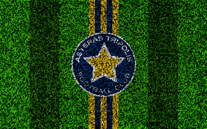 Asteras Tripolis FC, logo, 4k, football lawn, Greek football club, blue yellow lines, grass texture, Tripolis, Greece, Superleague Greece, football