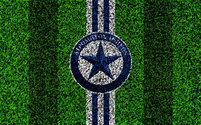 Dell&#39;atromitos FC, logo, 4k, calcio prato, greco football club, bianco righe blu, erba texture, Peristeri, la Grecia, la Superleague Grecia, calcio
