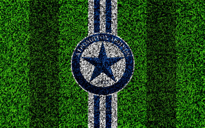 Atromitos FC, logo, 4k, football lawn, Greek football club, white blue lines, grass texture, Peristeri, Greece, Superleague Greece, football