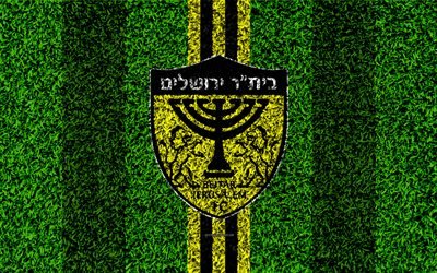 Beitar Jerusalem FC, 4k, emblem, football lawn, logo, Israeli football club, yellow black lines, grass texture, Jerusalem, Israel, football, Israeli Premier League