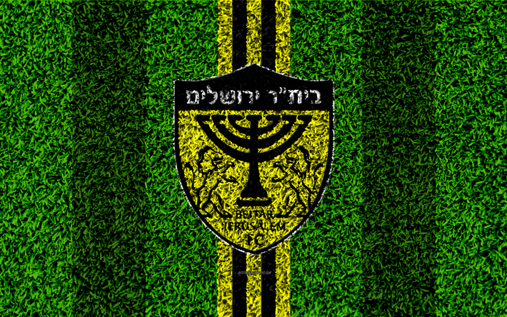 Beitar Jerusalem FC, 4k, emblema, futebol gramado, logo, Israelenses futebol clube, amarelo preto linhas, grama textura, Jerusalem, Israel, futebol, Israelenses Premier League