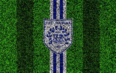 PAS Giannina FC, logo, 4k, futebol gramado, Grego futebol clube, branco azul linhas, grama textura, Ioannina, Gr&#233;cia, Superleague Gr&#233;cia, futebol