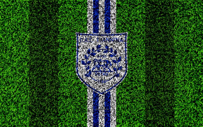 PAS Giannina FC, logo, 4k, jalkapallo nurmikko, Kreikan football club, valkoinen siniset viivat, ruohon rakenne, Ioannina, Kreikka, Kreikan Superleague, jalkapallo