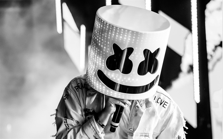 DJ Marshmello, monocrom&#225;tico, concerto, DJ, superstars, Marshmello DJ, galera, Marshmello