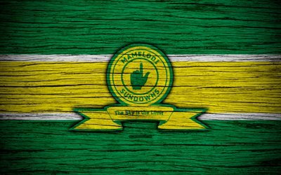 FC Mamelodi Sundowns, 4k, wooden texture, South African Premier League, soccer, Mamelodi Sundowns, South Africa, football, Mamelodi Sundowns FC
