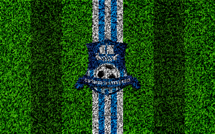 Hapoel Acre FC, 4k, tunnus, jalkapallo nurmikko, logo, Israelin football club, blue white lines, ruohon rakenne, Acre, Israel, jalkapallo, Israelin Premier League