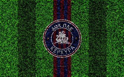 Kerkyra FC, logo, 4k, football lawn, Greek football club, purple blue lines, grass texture, Corfu, Greece, Superleague Greece, football, PAE Kerkyra