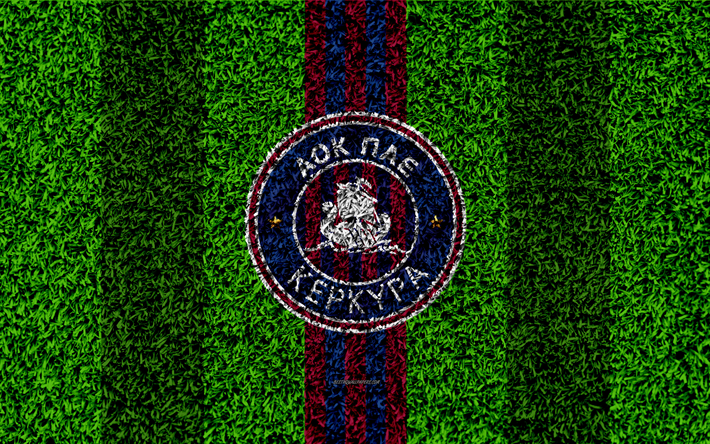 Kerkyra FC, logo, 4k, futebol gramado, Grego futebol clube, roxo azul linhas, grama textura, Corfu, Gr&#233;cia, Superleague Gr&#233;cia, futebol, PAE Kerkyra