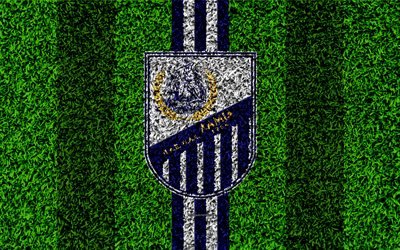 PAS Lamia 1964, Lamia FC, logo, 4k, football lawn, Greek football club, white blue lines, grass texture, Lamia, Greece, Superleague Greece, football