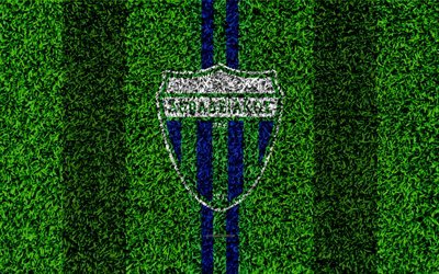 Levadiakos FC, logo, 4k, le football pelouse, grec, club de football, vert, bleu lignes, texture d&#39;herbe, Levadia, en Gr&#232;ce, en Superleague Greece, football