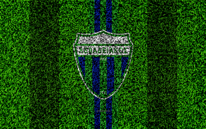 Levadiakos FC, logo, 4k, calcio prato, greco football club, blu, verde, erba, texture, Livadia, la Grecia, la Superleague Grecia, calcio