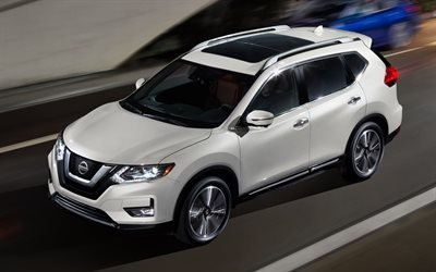 Nissan Rogue, 2018, 4k, crossover, new white Rogue, exterior, new X-Trail, Japanese cars, Nissan