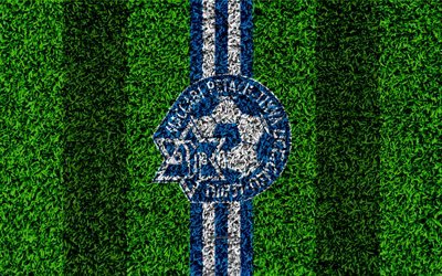 Maccabi Petah Tikva FC, 4k, emblem, football lawn, logo, Israeli football club, blue white lines, grass texture, Petah Tikva, Israel, football, Israeli Premier League