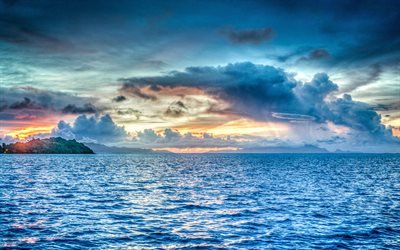 Bora Bora, 4k, do oceano pac&#237;fico, horizonte, p&#244;r do sol, Polin&#233;sia Francesa