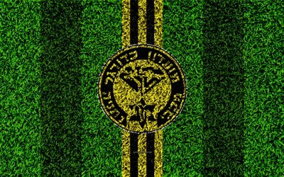 O Maccabi Netanya FC, 4k, emblema, futebol gramado, logo, Israelenses futebol clube, amarelo preto linhas, grama textura, Netanya, Israel, futebol, Israelenses Premier League