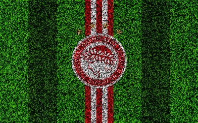 Olympiakos FC, logo, 4k, football lawn, Greek football club, red white lines, grass texture, Piraeus, Greece, Superleague Greece, football, Olympiakos Piraeus