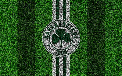 Panathinaikos FC, logo, 4k, football lawn, Greek football club, green white lines, grass texture, Athens, Greece, Superleague Greece, football