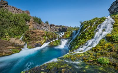 waterfalls, cascades, spring, mountain river, Iceland, blue clear sky
