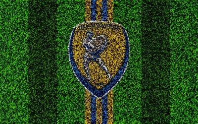 Panetolikos FC, logo, 4k, football lawn, Greek football club, yellow blue lines, grass texture, Agrinion, Greece, Superleague Greece, football