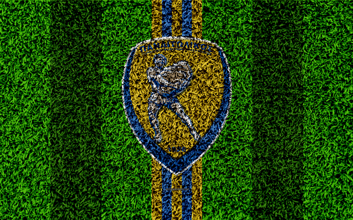 Panetolikos FC, logo, 4k, le football pelouse, grec, club de football, jaune, bleu lignes, texture d&#39;herbe, Agrinion, en Gr&#232;ce, en Superleague Greece, football