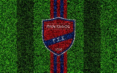 Panionios FC, logo, 4k, le football pelouse, grec, club de football, rouge, bleu lignes, de l&#39;herbe, de la texture, de Nea Smyrne, en Gr&#232;ce, en Superleague Greece, football