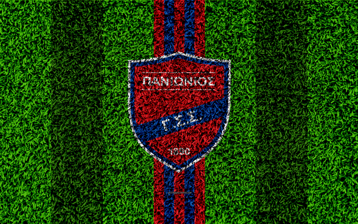 Panionios FC, logo, 4k, jalkapallo nurmikko, Kreikan football club, punainen sininen linjat, ruohon rakenne, Nea Smyrna, Kreikka, Kreikan Superleague, jalkapallo